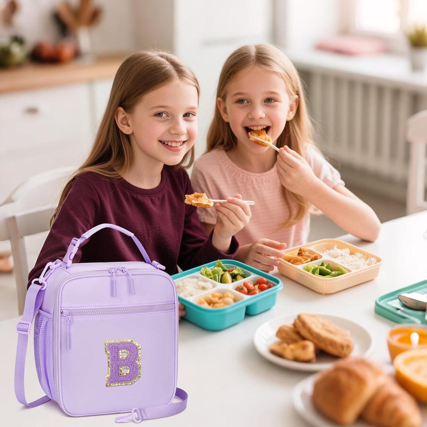 Initial Insulated Lunch Bag for Girls Kids, Back to School Gift, Reusable Leak-proof Lunch Box with Adjustable Strap for School Daycare Travel Picnic (Purple,B)