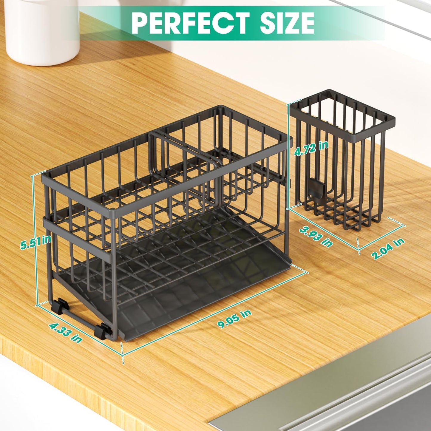 Sponge Holder for Kitchen Sink, 2 Tier Sink Caddy Organizer with High Brush Holder, Self-Draining Sponge Holder for Sinks, Soap Dispenser Organizer, Rustproof 304 Stainless Steel, Gray