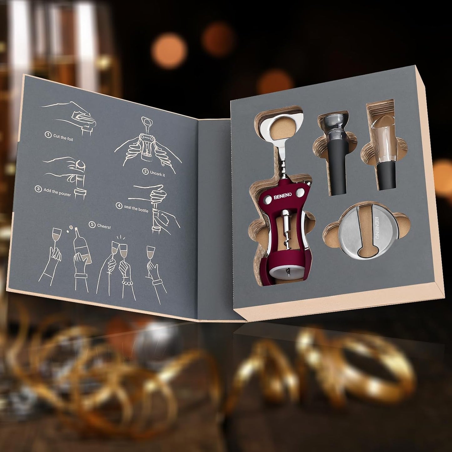 Beneno Multifunctional Wine Bottle Opener Gift Set - Wing Corkscrew, Foil Cutter, Vacuum Stopper & Aerator Pourer, Perfect for Wine Lovers Man Woman, Purple Set