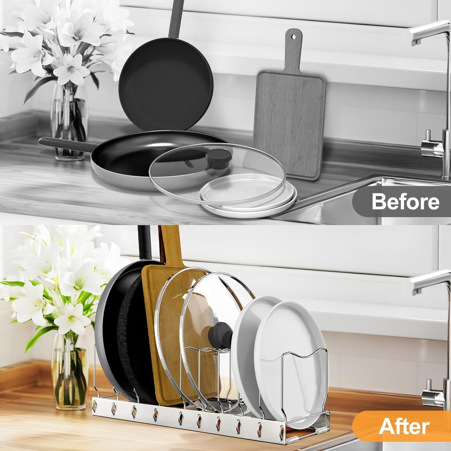 FLSEPAMB 2 Pack 10-Tier Pan Organizer Adjustable Lid Organizer Kitchen Organizers and Pan Organizer and Storage Pot Heavy Duty Pot Lid Organizer for Kitchen Under Sink Storage Drawer