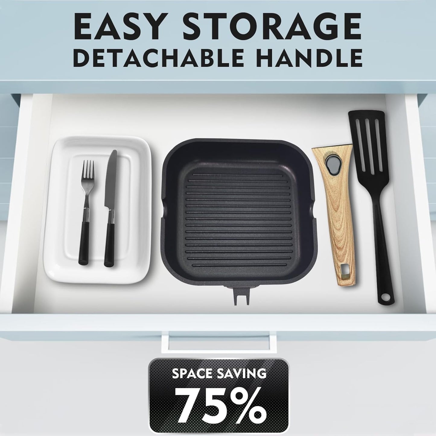 Nonstick Square Grill Pan for Stove Tops, Detachable Handle Griddle Pan,9.5inch Remove Handle Grill Pan with Pour for Cooking,Induction,Gas,Non Toxic,PFOA Free(Granite, Square-9.5inch)