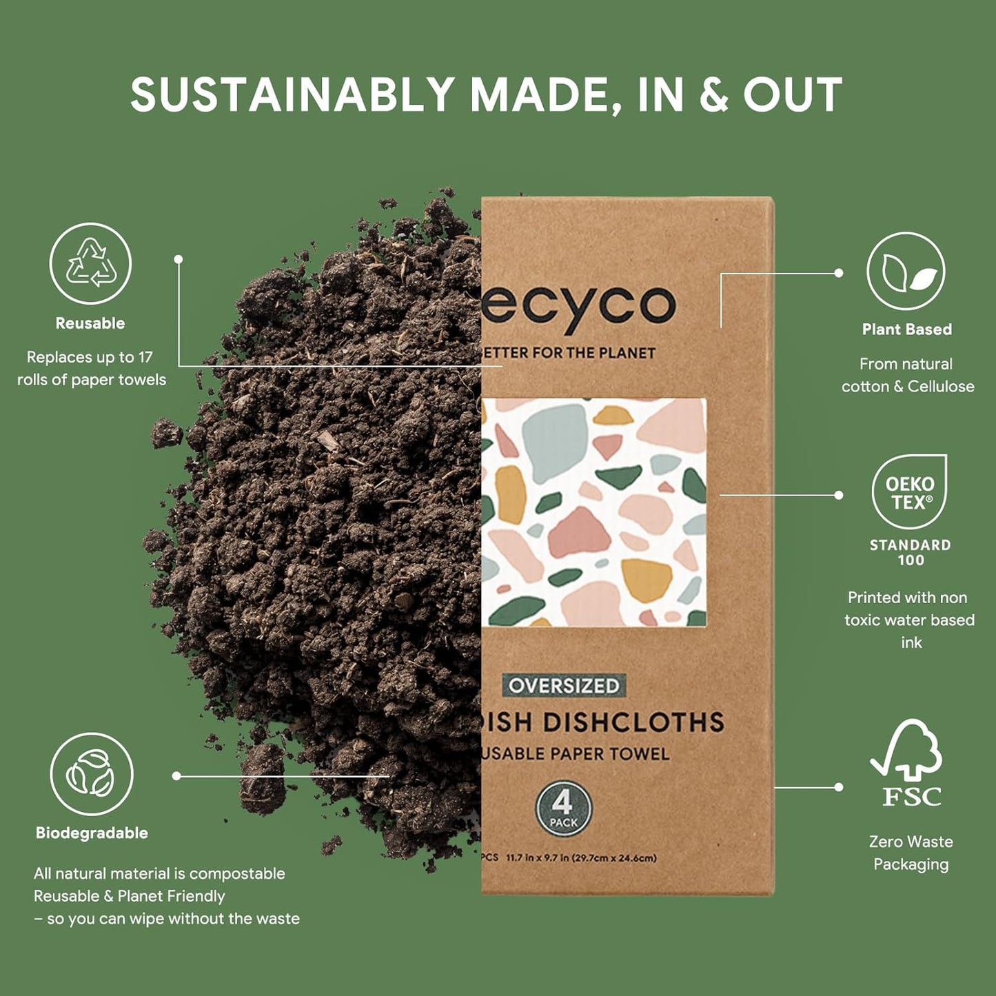 RECYCO Swedish Dishcloths for Kitchen | 4 Pack Oversized Washable Dish Rags | Large Cellulose Reusable Cleaning Paper Towels | Absorbent Counter Dish Cloth Sponge XL Kitchen Wipes, 12" L x 10" W