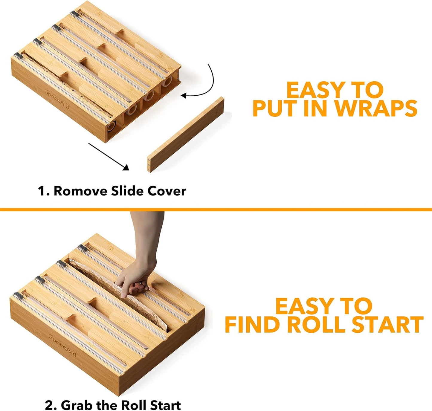 SpaceAid WrapNeat 4 in 1 Wrap Dispenser with Cutter and Labels, Plastic Wrap, Aluminum Foil and Wax Paper Dispenser for Kitchen Drawer, Bamboo Roll Organizer Holder, Compatible with 12" Roll