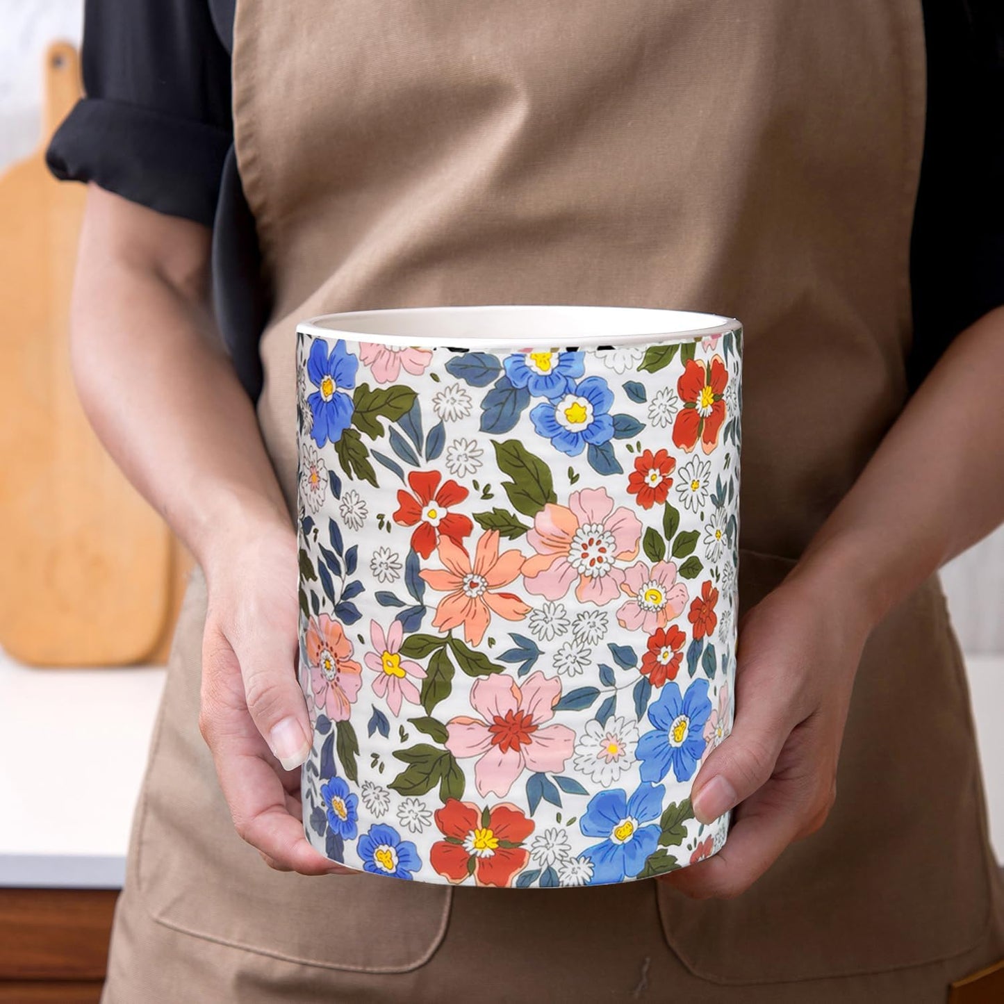 Kitchen Utensil Holder,7.2″Extra Large Stable Vintage Floral Pattern Ceramic Utensil Crock,Flower Utensil Organizer for Countertop,Kitchen Decor,Utensil Holder for Housewarming Gift Pink