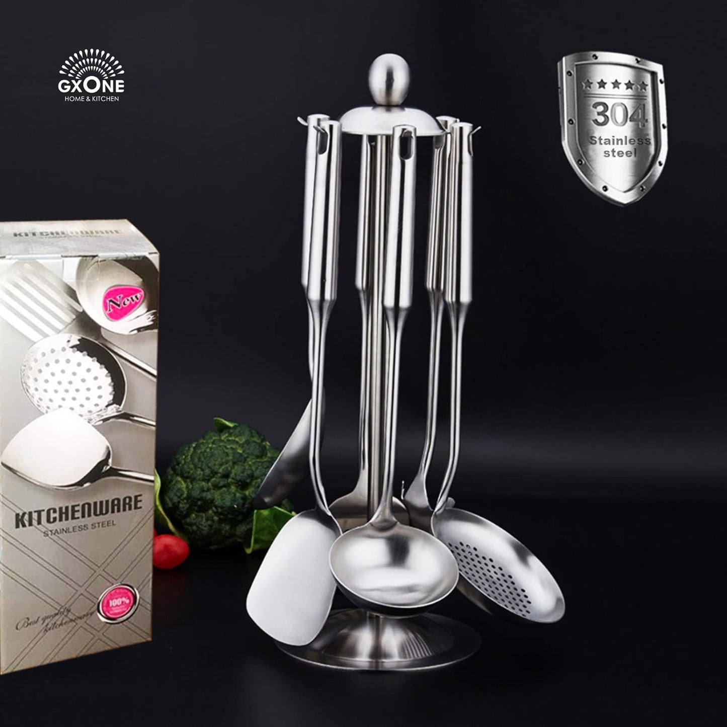 Kitchen Utensil Set – 6 Piece Stainless Steel Cooking Utensils with Rotating Holder Organizer Includes Slotted Spoon, Slotted Spatula, Large Spoon, Soup Ladle, Spatula, Pasta Server Silver/7PCS