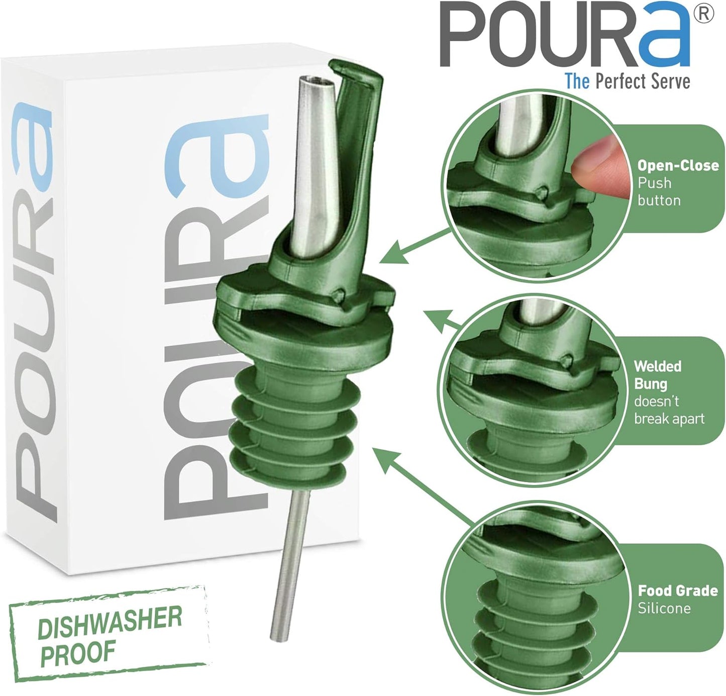 AIRTIGHT Olive Oil Pour Spout for Olive Oil Dispenser - UK Patented Oil Pourer - Hygienic One Handed Open Close Mechanism Keeps Oil Fresh. Dust Caps Cover | Screens Alternative - Green 2 PCs