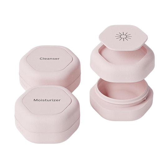 Cadence Travel Containers Basic Skincare Set - Magnetic Containers with Lids,Carry On Travel Essentials For Women/Men - 3 Small Capsules (0.56oz) - Cleanser, Moisturizer & Sun-Icon Labels - Petal