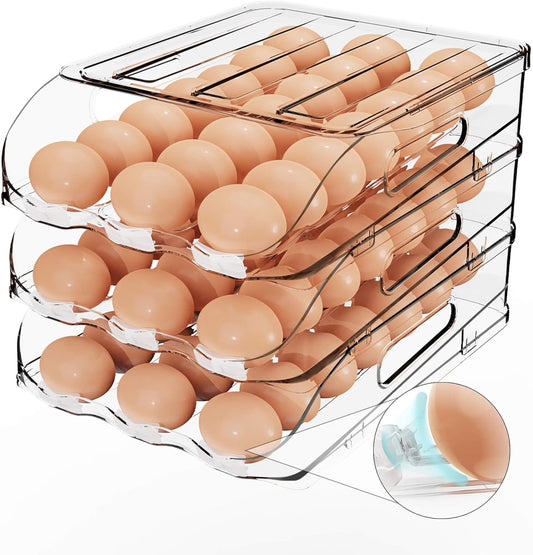 Egg Holder for Fridge, Automatic Steady Rolling Egg Dispenser with Silicone Bumpers & Handle for Refrigerator, Large Capacity Egg Organizer with Lid