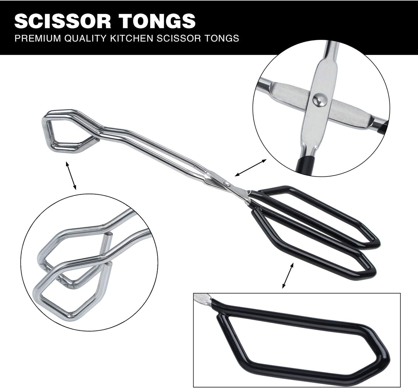MSY BIGSUNNY Stainless Steel Scissor Tongs Heavy Duty Cooking Tongs with Soft Handles (2, black 11" +11")