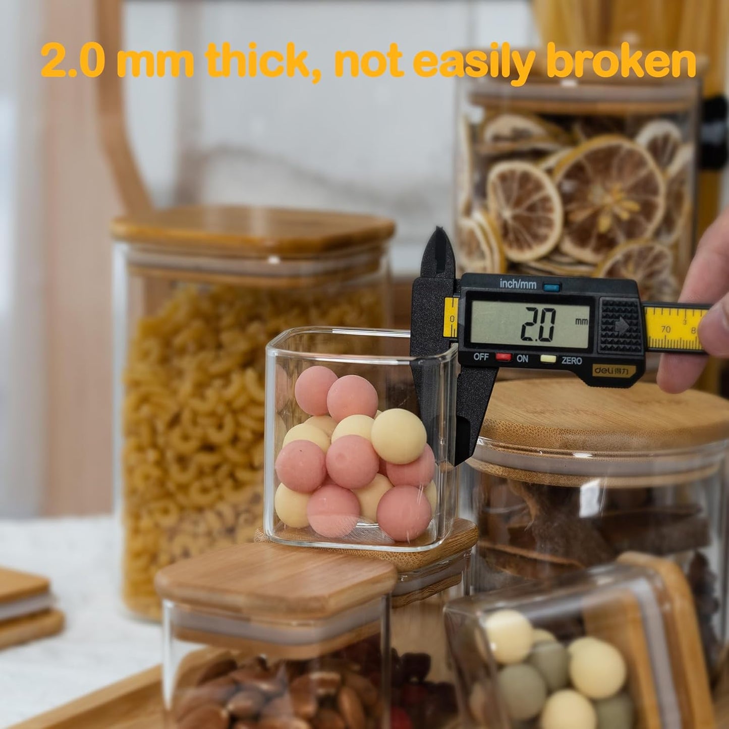 5oz Airtight Square Spice Containers with Bamboo Lid Set of 12 with Black Lables Storage Stackable Spice Jar, Kitchen Canister for Sugar, Tea, Flour, Salt and Seasonings (‎Clear Glass)