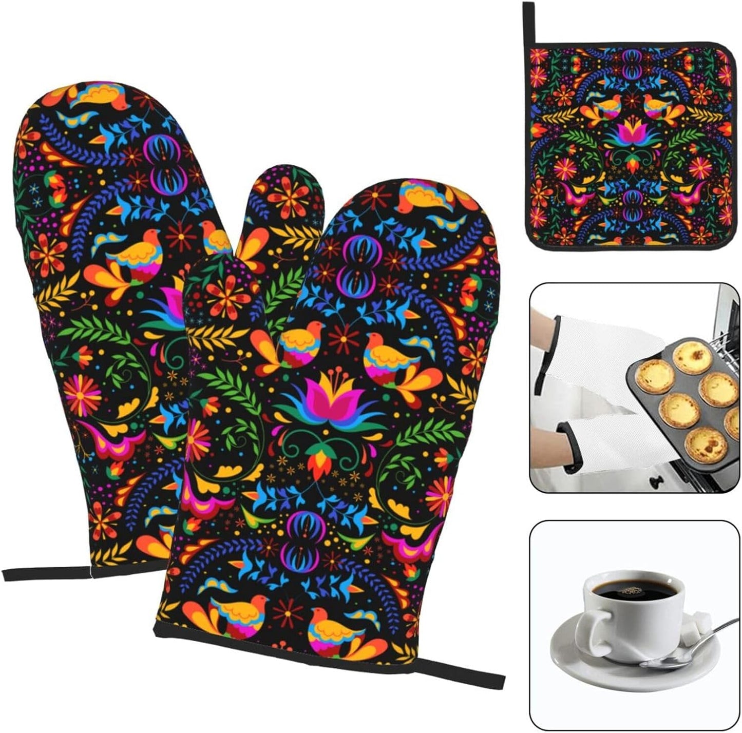 Mexican Floral Oven Mitts and Pot Holders Sets of 3 Heat Resistant Mexican Flower Hot Pads Oven Gloves for Kitchen Cooking BBQ Baking, Black