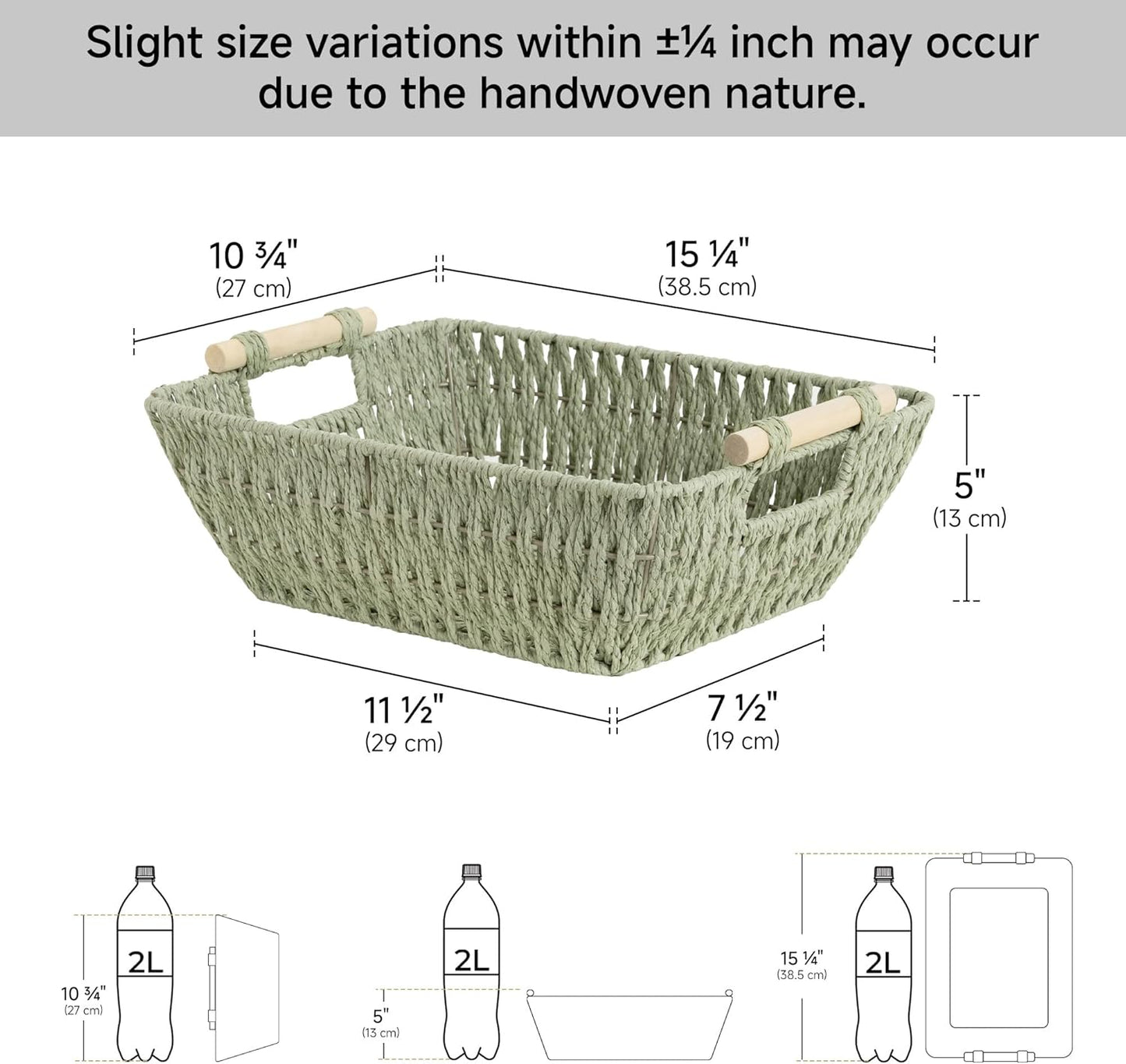 StorageWorks Large Wicker Storage Basket for Organizing with Wooden Handles, Toilet Paper Baskets for Bathroom, Bosana Green, 2-Pack