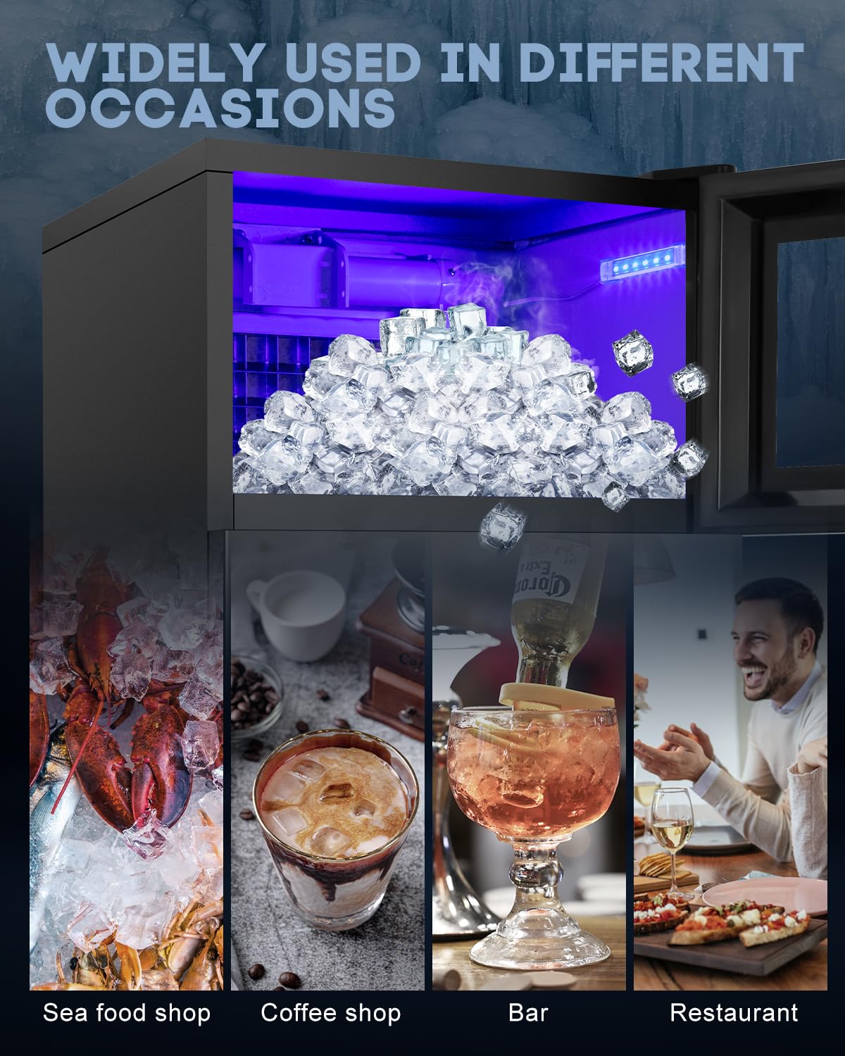 High-Capacity 130LBS/24H Commercial Ice Maker - 35LBS Bin, 15" Wide Frosted Black - Undercounter/Freestanding - Ideal for Home Bar & Outdoor - 45PCS Ice Cubes - Self-Cleaning