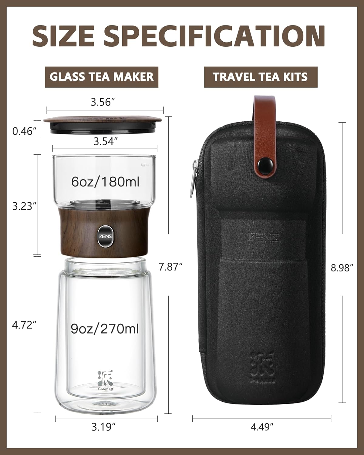 ZENS Modern Glass Infuser Teapot, One Touch Tea Maker for Loose Leaf Tea with Insulated Mug and Portable Case. Enchanted Pot Alternatives for Tea Lover Gifts