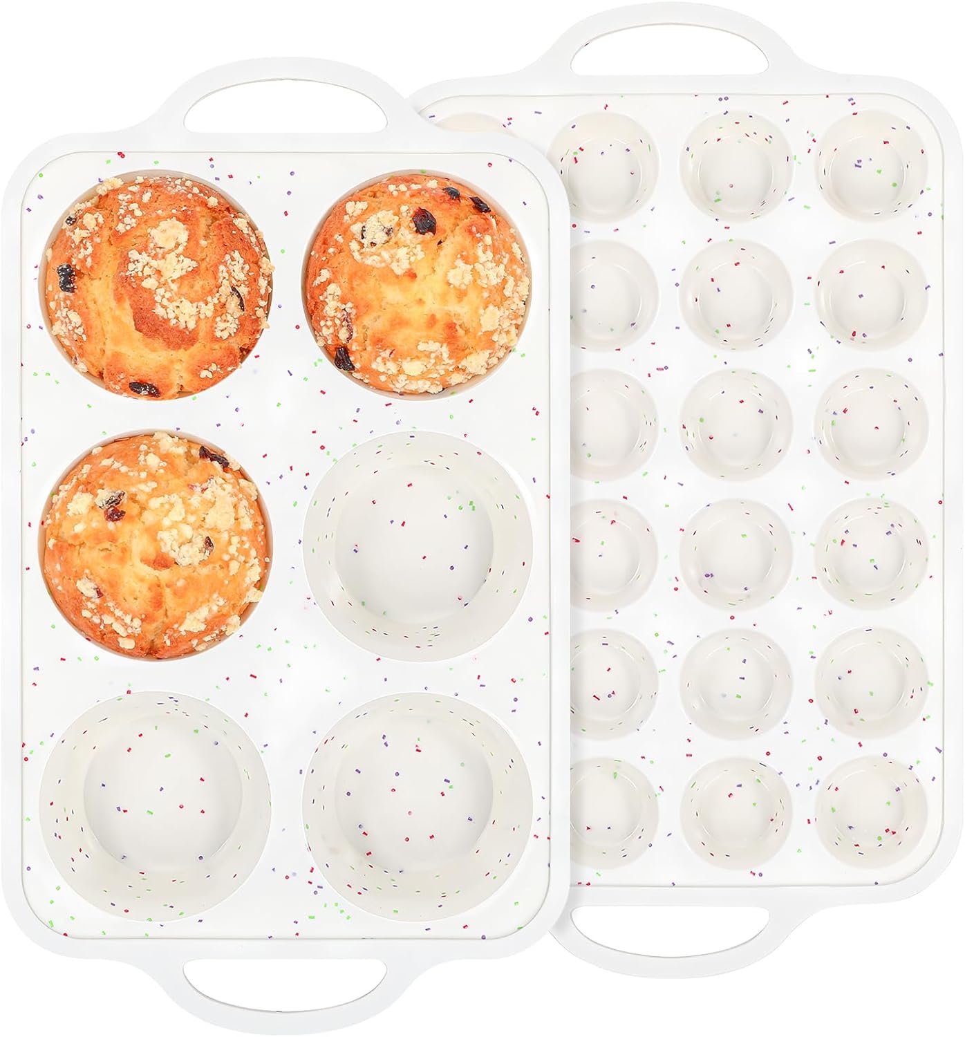 Silicone Muffin Pan with Metal Reinforced Frame - Mini Muffin Pan for Homemade Muffins, Cupcakes, and Bread, Oven and Dishwasher Safe - Set of 2, 6-Cup and 24-Cup