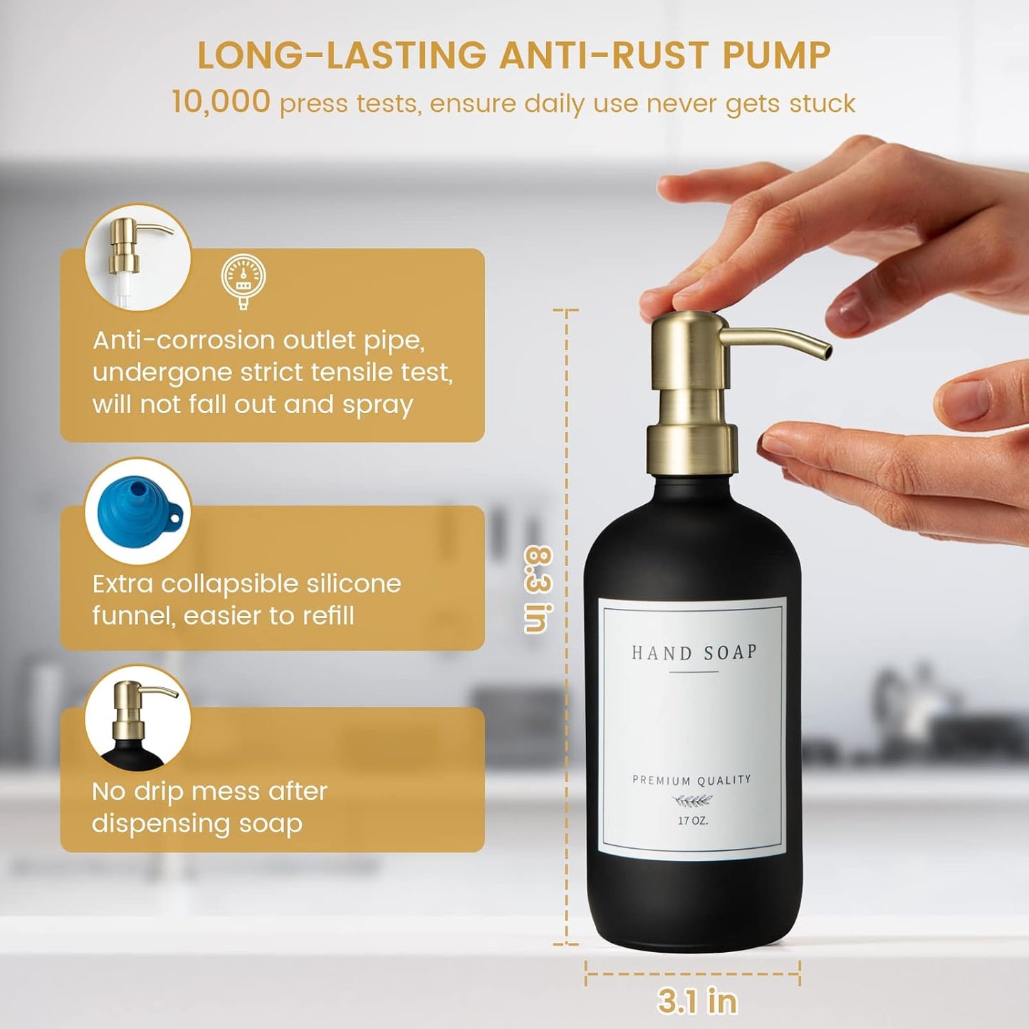 Glass Soap Dispenser for Kitchen, Farmhouse Dish Soap Dispenser&Hand Soap Dispenser Set,Rustproof Pump Lotion Dispenser Bathroom with Tray,Waterproof Label for Kitchen Decor(Black