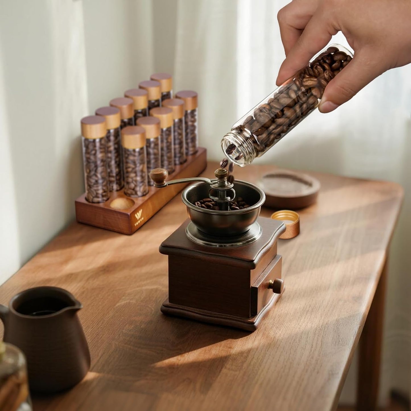 Single Dose Coffee Bean Storage Tubes with Wooden Base and Lids,Set Of 12 Dosing Glass Vials for Coffee Benn Container Cellars, Espresso Bean Canisters Set,6pc- 2 fl oz, 6pc-1.7 fl oz