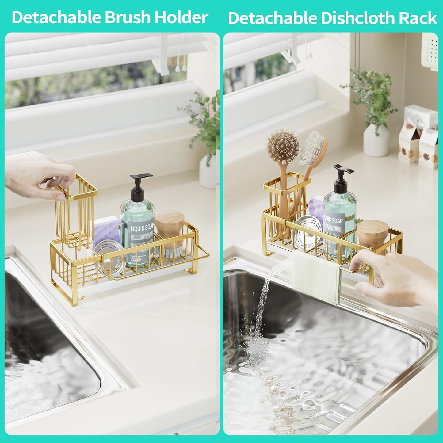 HapiRm Sponge Holder for Kitchen Sink - Self-draining Sink Caddy with Brush Holder and Dishcloth Holder, Stainless Steel Kitchen Organizer for Countertop - Gold