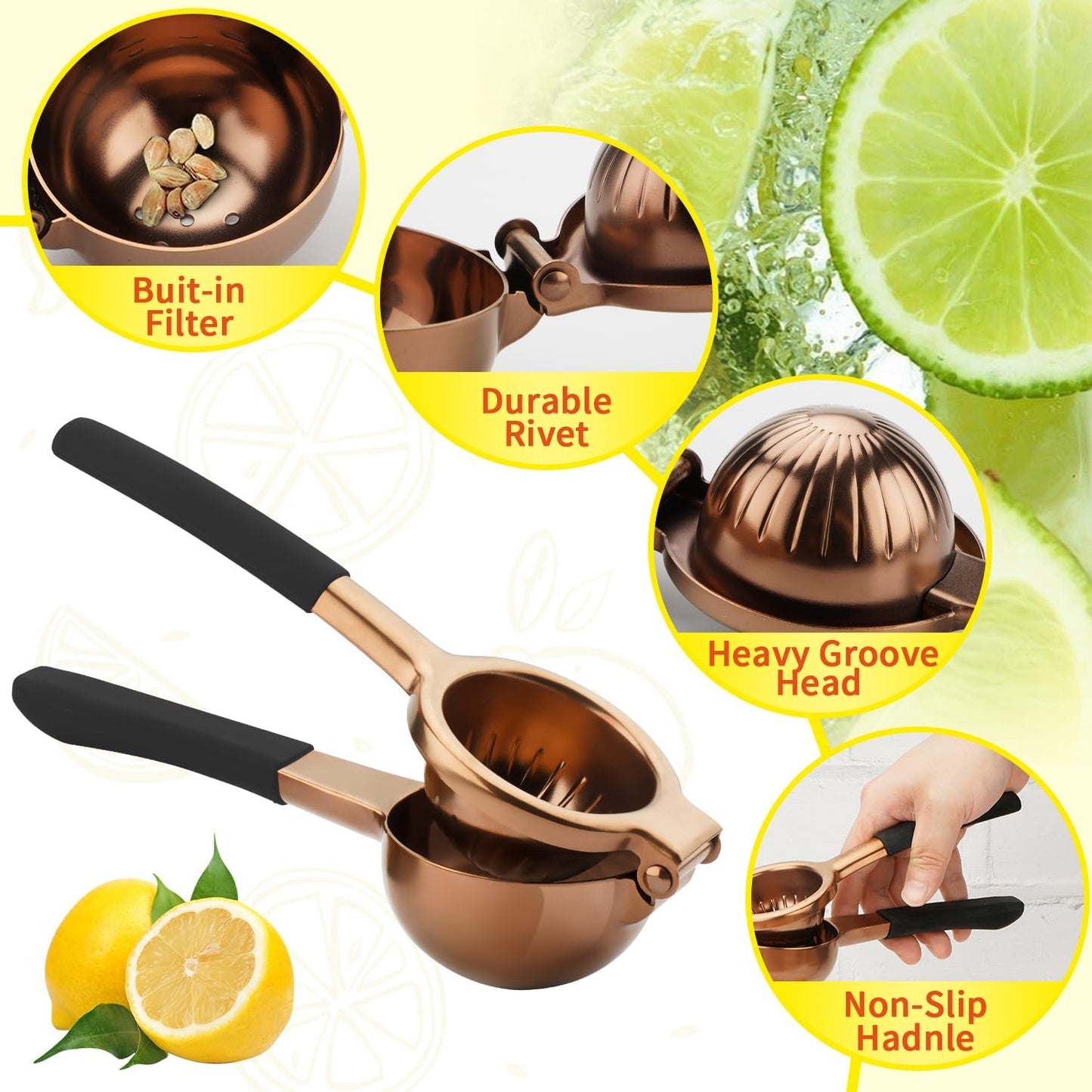 Lemon Squeezer,304 Stainless Steel Citrus Press Juicer,Non-Slip Grip Design Manual Juicer,Heavy Duty Manual Citrus Press Juicer & Lime Squeezer-Rose Gold & Red