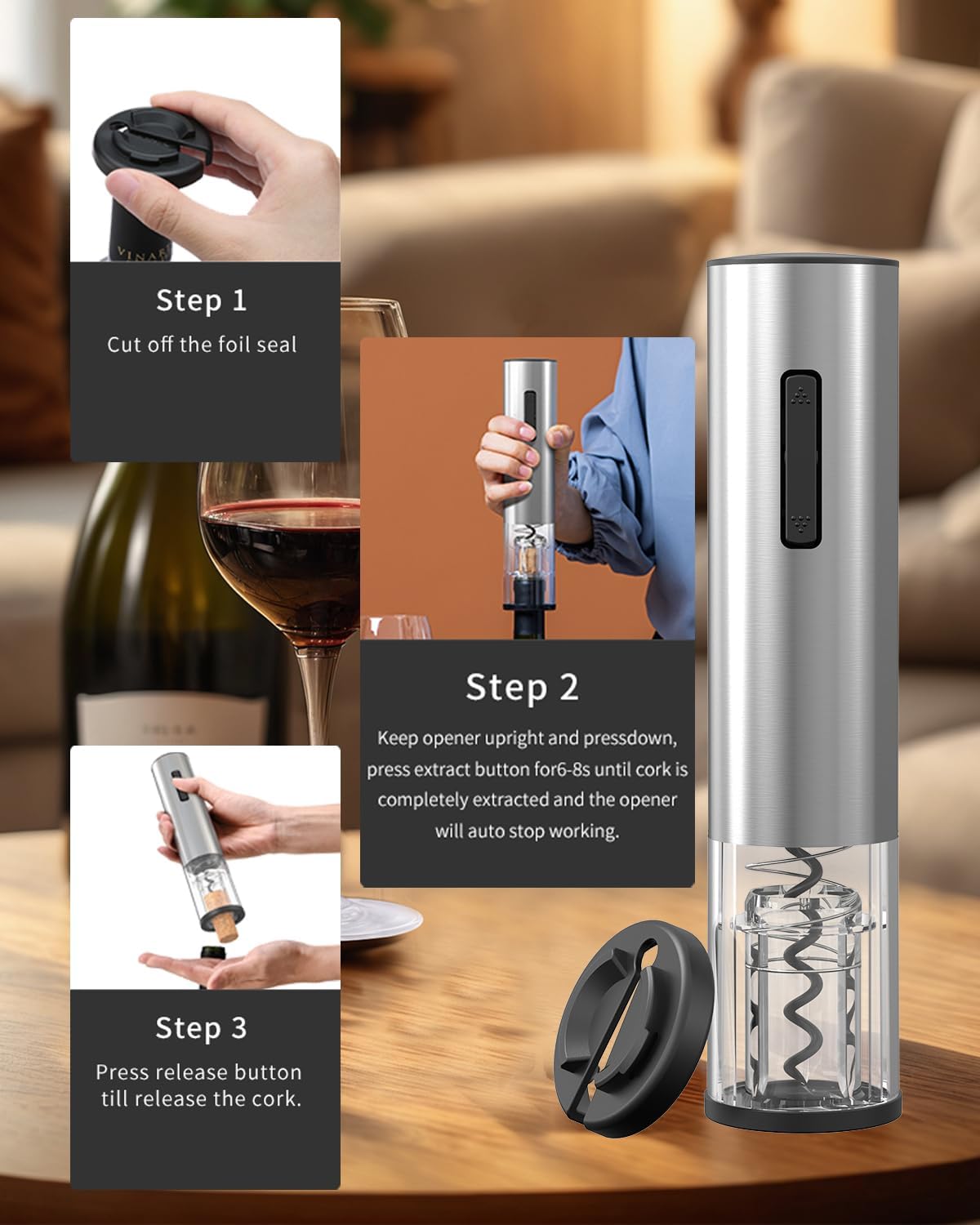 CIRCLE JOY Electric Wine Opener Rechargeable Stainless Steel Automatic Corkscrew Wine Bottle Opener with Foil Cutter, Blue Led Indicator and One-Click Button, Silver