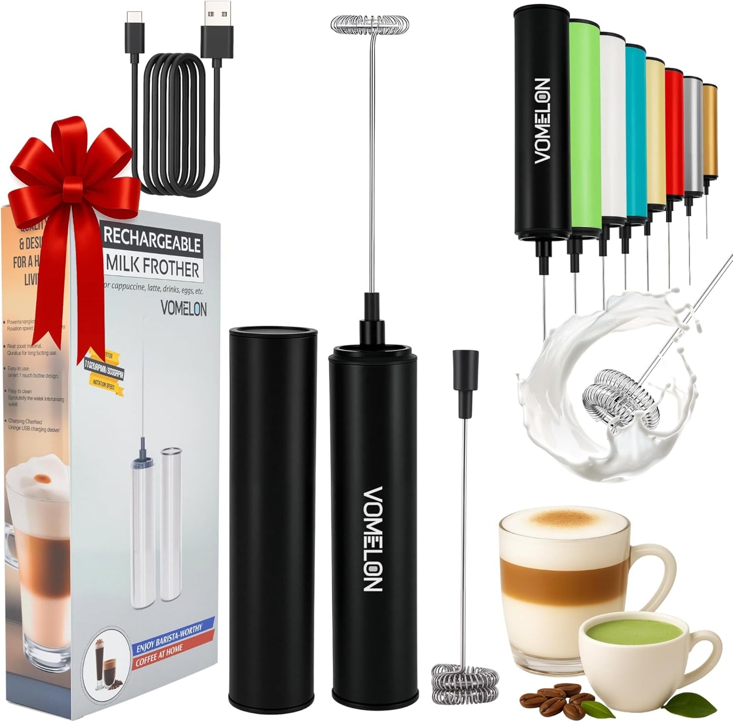 Rechargeable Milk Frother, Electric Coffee Foamer, Handheld Drink Mixer for Latte, Cappuccino, Coffee, Eggs, Hot Chocolate, Protein,Paint Black