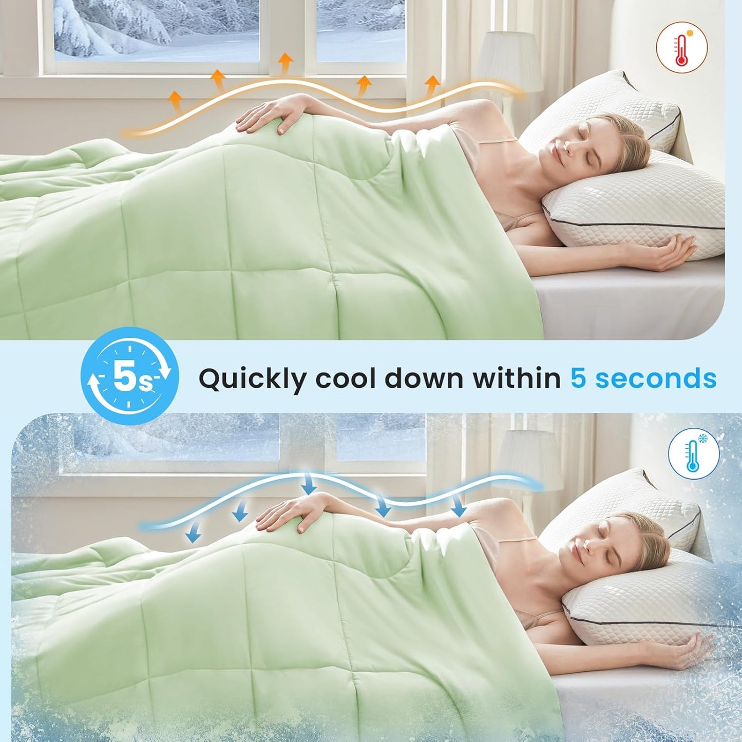 HYLEORY Cooling Comforter Twin Size - Summer Cooling Blanket for Hot Sleepers/Night Sweats, Double-Sided Cold Touch Silky Ice Comforters, Breathable Lightweight Beddings, Cool Green, 68"x90"