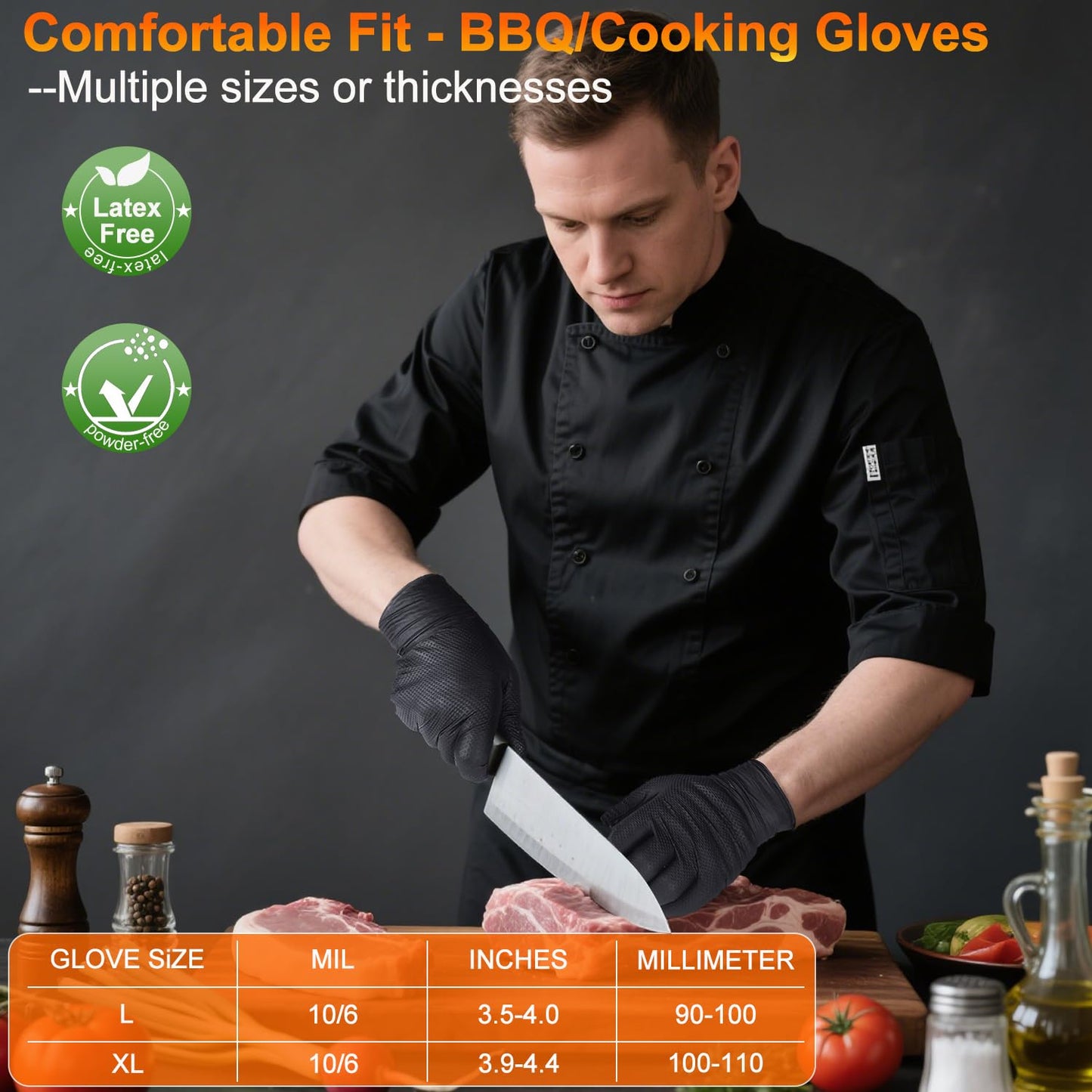 BBQ Gloves for Grilling Disposable Heat Resistant - 100 Nitrile Gloves + 4 Reusable Cotton Liners for Barbecue Smoker, Cooking Hot Meat - 10Mil Thick, Non-Slip Grip - Black Large