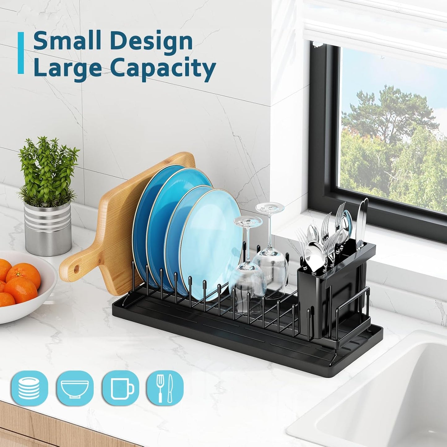 ANTOPY Small Dish Drying Rack - Compact Dish Rack for Kitchen Counter with Silicone Dish Drying Mat, Stainless Steel Dish Drainer for Kitchen Sink Cabinet, Space Saving Plate Rack Cutlery Holder