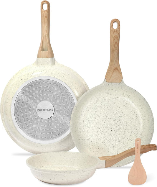 ESLITE LIFE Nonstick Ceramic Frying Pans Skillets Set, Non-Toxic Egg Omelette Kitchen Cooking Pans Compatible with All Stovetops (Gas, Electric & Induction), PTFE & PFOA Free (White)