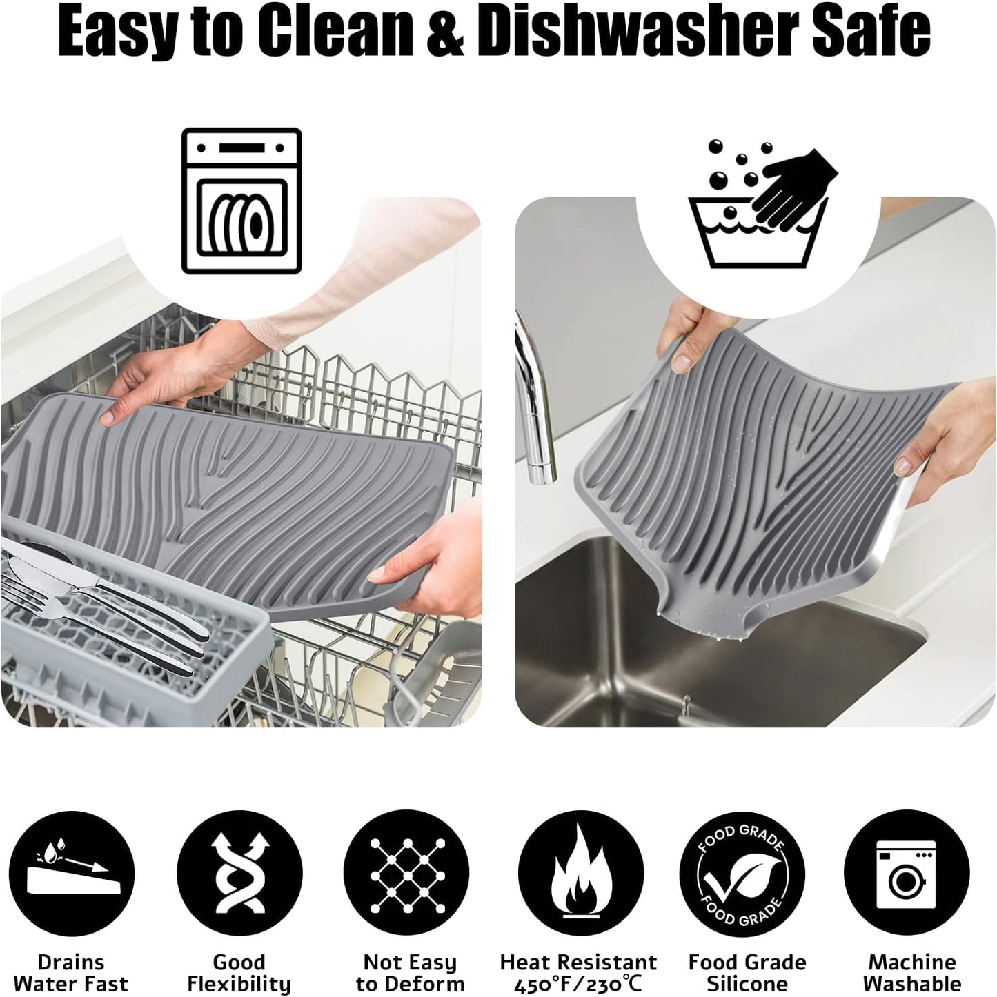 Dish Drying Mat, Stone Drying Mat for Kitchen Counter with Built-in Drain, Non-Slip Drying Matt Kitchen Counter, Heat Resistant Silicone Drying Mat, Dish Drying Pad, 2 Pcs(Grey 19.7" x 17")
