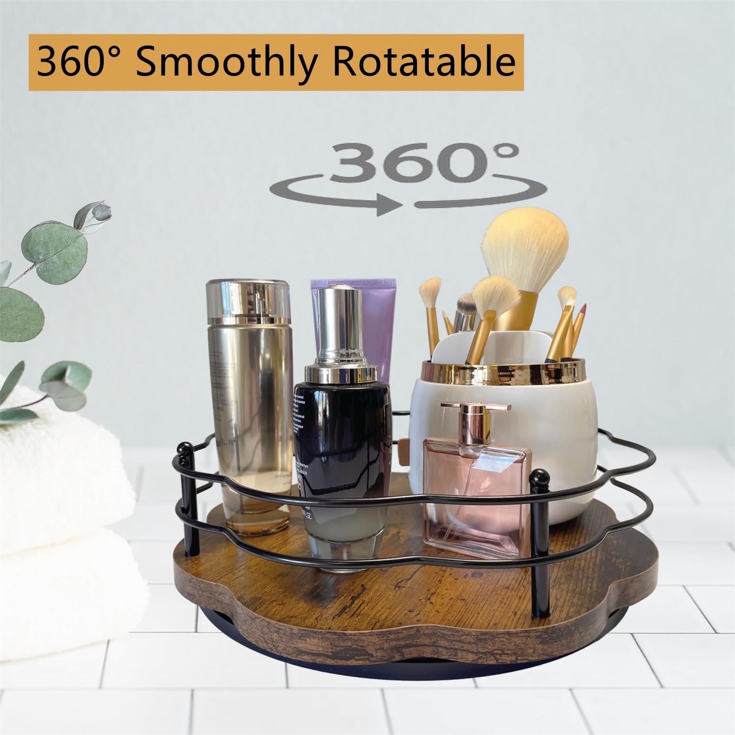 2 Pack, 11" & 12" Wooden Lazy Susan Turntable with Higher Metal Sides, 360° Rotating Lazy Susan Organization and Storage for Cabinet, Table Top, Kitchen, Countertop, Dining Table, Pantry, Coffee Bar