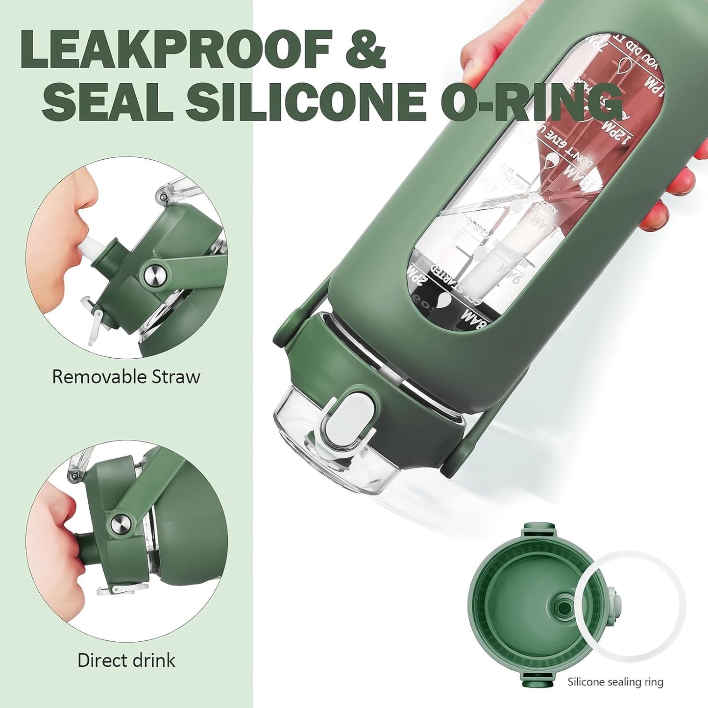 kytffu 56oz Glass Water Bottles with Straw, Motivational Glass Bottle with Silicone Sleeve and Time Marker, Leakproof Large Glass Water Jug for Gym Home Office,Olive