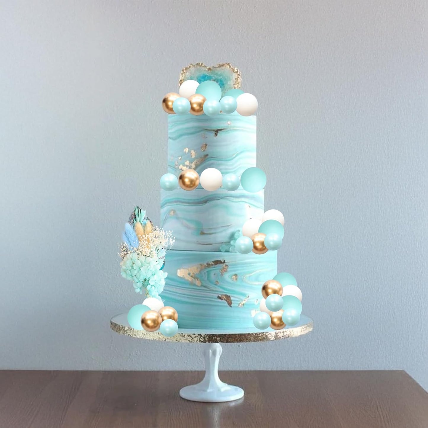 Gyufise 21 Pack Flower Boho Cake Topper Ball Cake Decorations Palm Leaves Plants Cake Decor for Girl Bohemian Princess Theme Wedding Baby Shower Birthday Party Supplies Blue