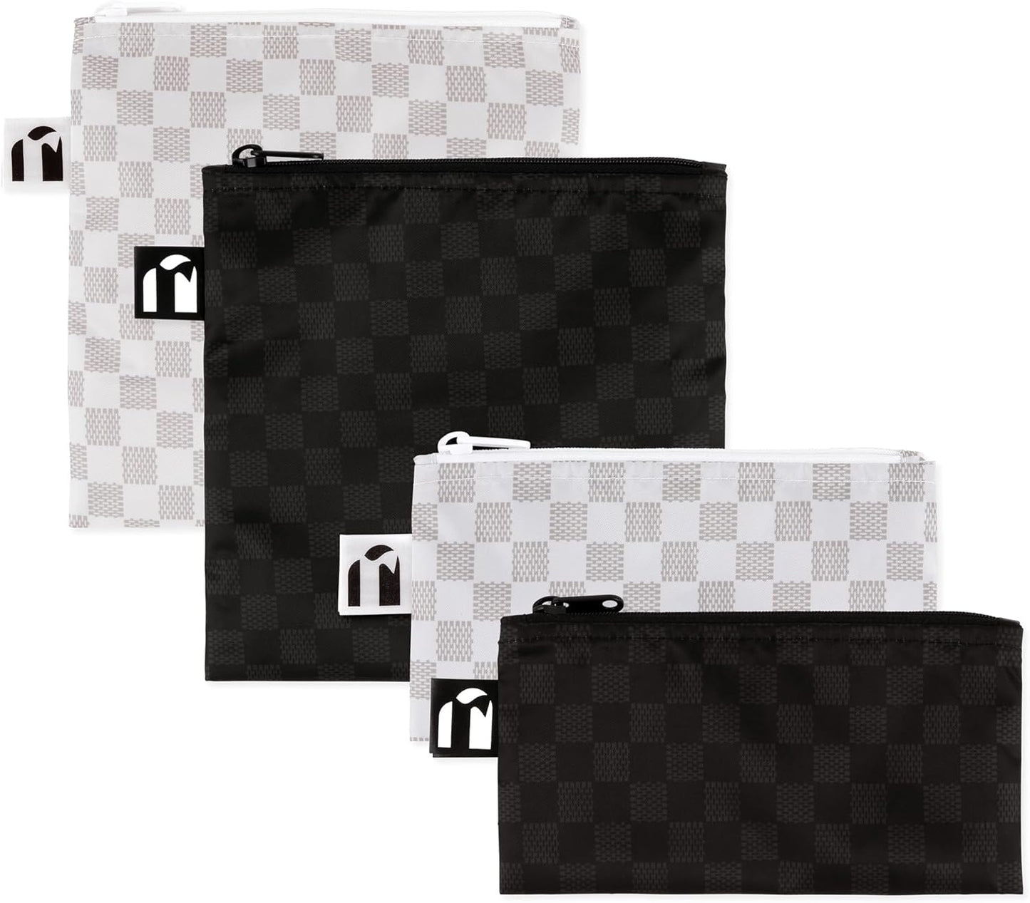 Roamio Reusable Sandwich and Snack Bags, for Kids School Lunch and for Adults Portion, Washable Fabric, Waterproof Cloth Zip Bag, Travel Pouch, Food-Safe Storage,4-pack Set Black Check and Off White
