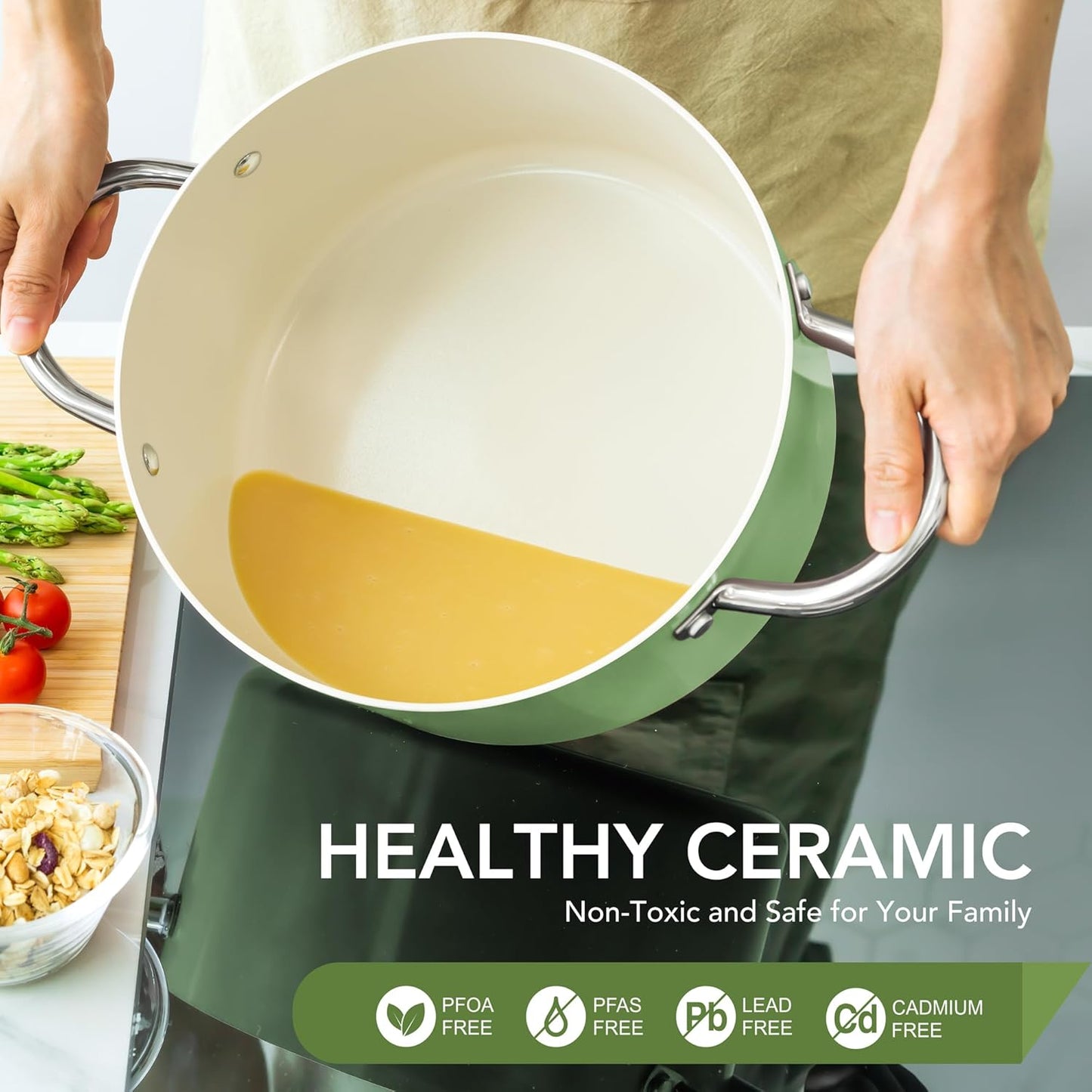 MICHELANGELO Stock Pot with Lid, 6 Quart Cooking Pot with Ceramic Coating, Nonstick Ceramic Soup Pot with Lid, Induction Compatible - 6QT Stockpot, Green