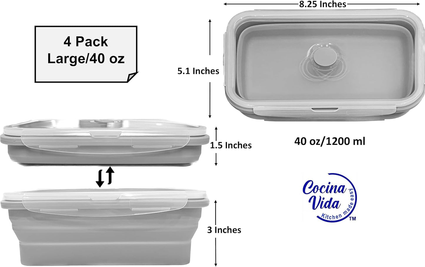 Cocina Vida Collapsible Silicone Food Storage Containers with Airtight Lids | Kitchen Stackable Lunch Box Microwave Dishwasher Safe| Set of 4 Silicone Food Storage Containers