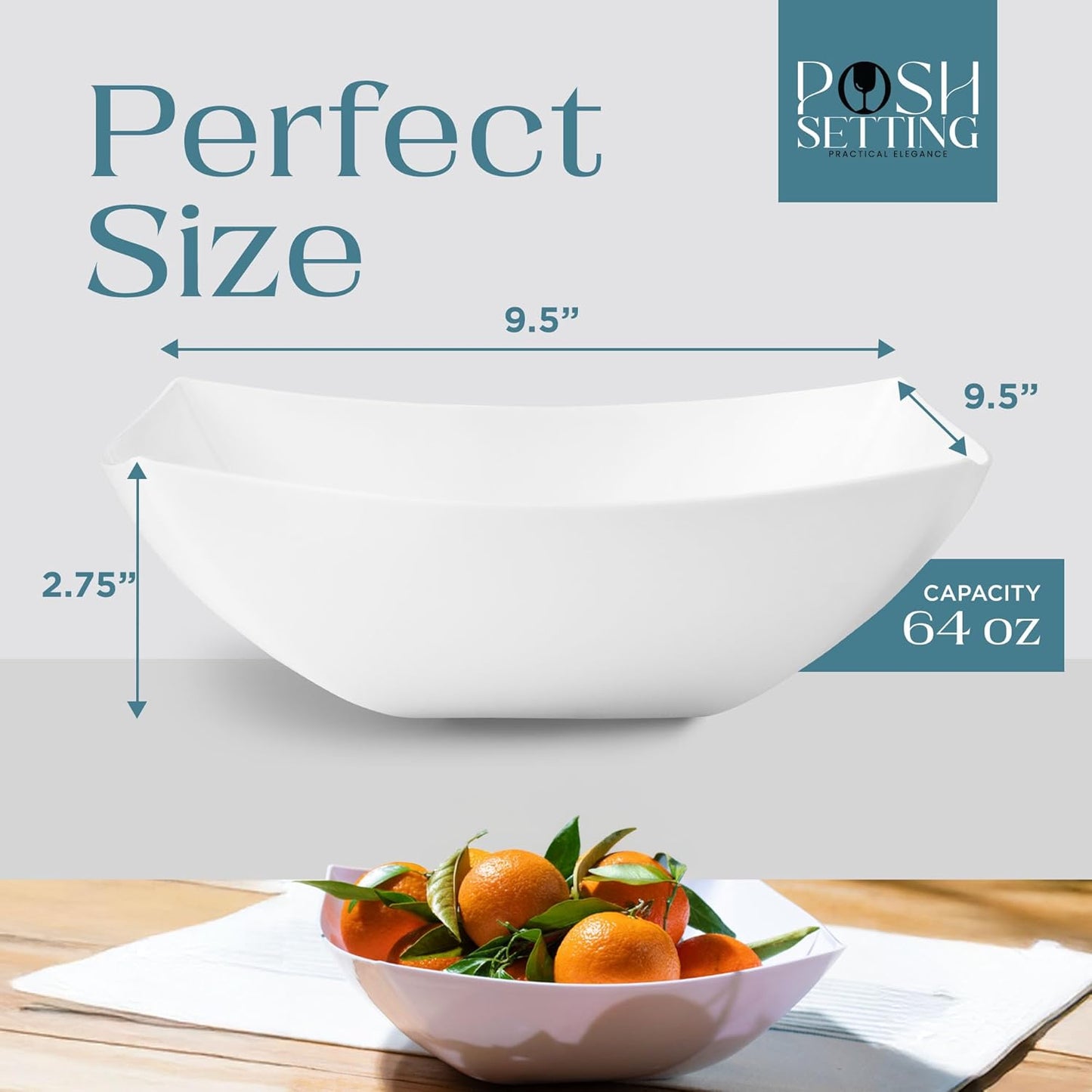 Posh Setting White Plastic Serving Bowls Disposable - Square Bowls - Square Candy Bowl - Plastic Snacks & Chip Bowls for Parties - White, Gold & Clear, Black Serving Dishes, 64 OZ, 4 Pack