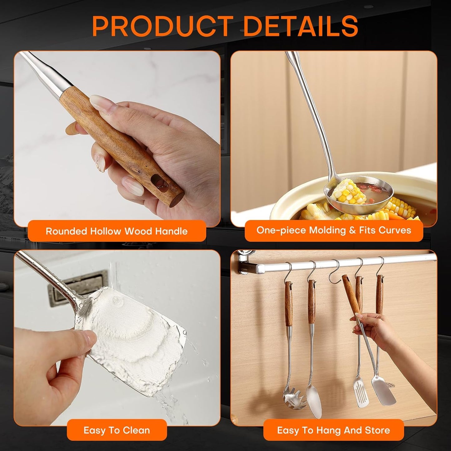 Lazycorner 304 Wooden Handle Stainlss Steel Kitchen Utensils Set 10 Pcs Cooking Utensils Set Heat Resistant Wooden Handle Kitchen Tools Metal Kitchen Utensil Spatula Sets