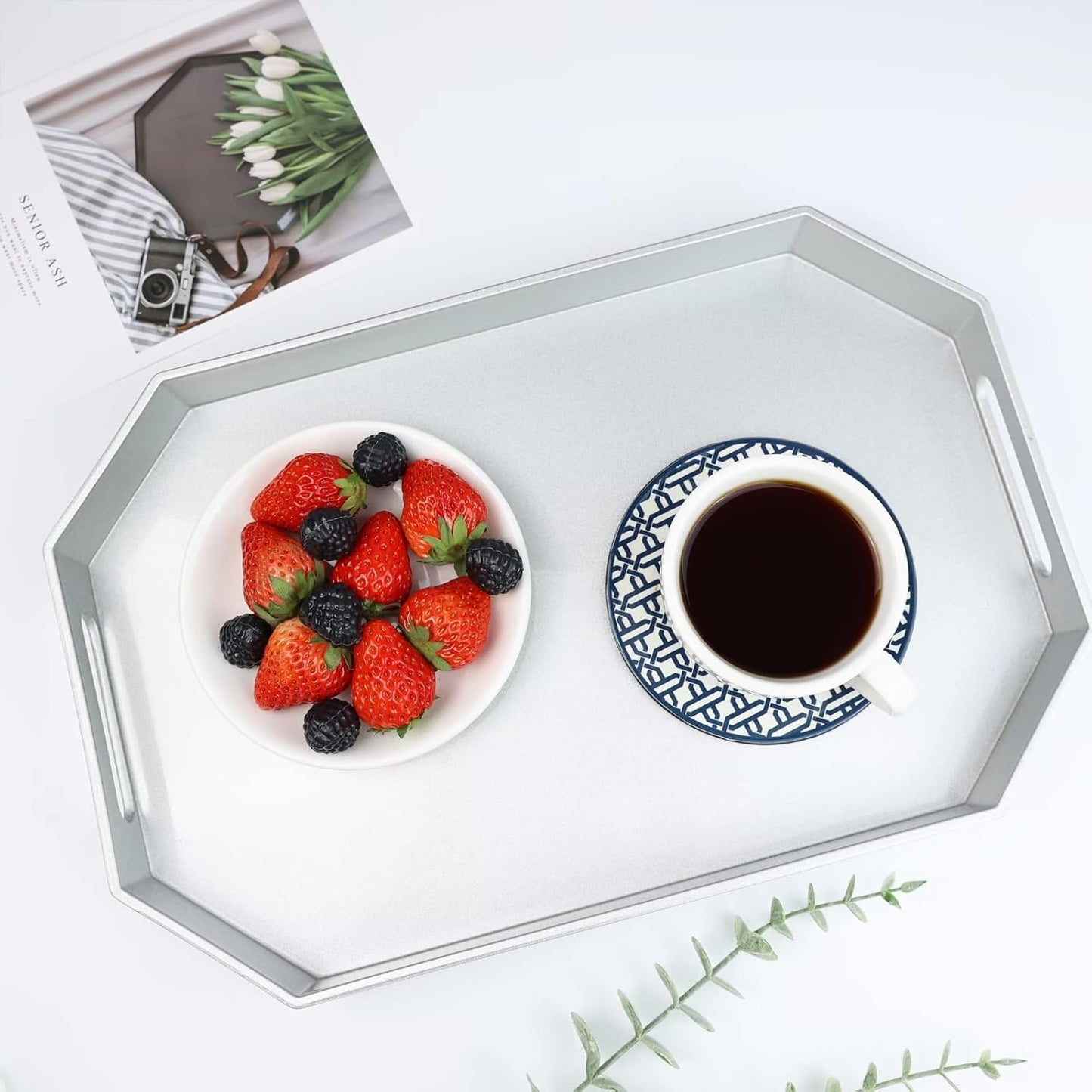 Spsyrine Silver Plastic Serving Tray for Ottoman, Coffee Table, Octagon Decorative Tray for Entertaining, Outdoor, Living Room, Home Decor