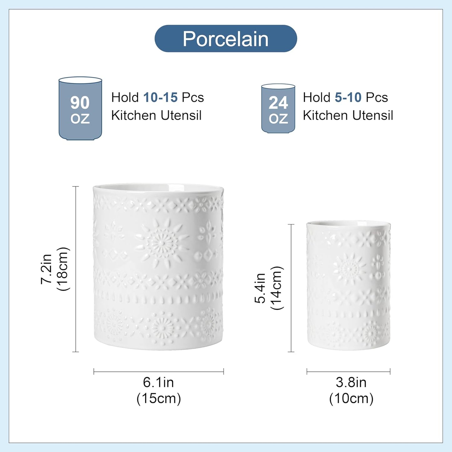 LOVECASA Utensil Holder, 7.2"+5.4" Ceramic Utensil Holder for Countertop, Large Cooking Utensil Crocks for Kitchen Counter, Farmhouse Utensil Vase for Housewarming, Kitchen Decor, Set of 2, Snow