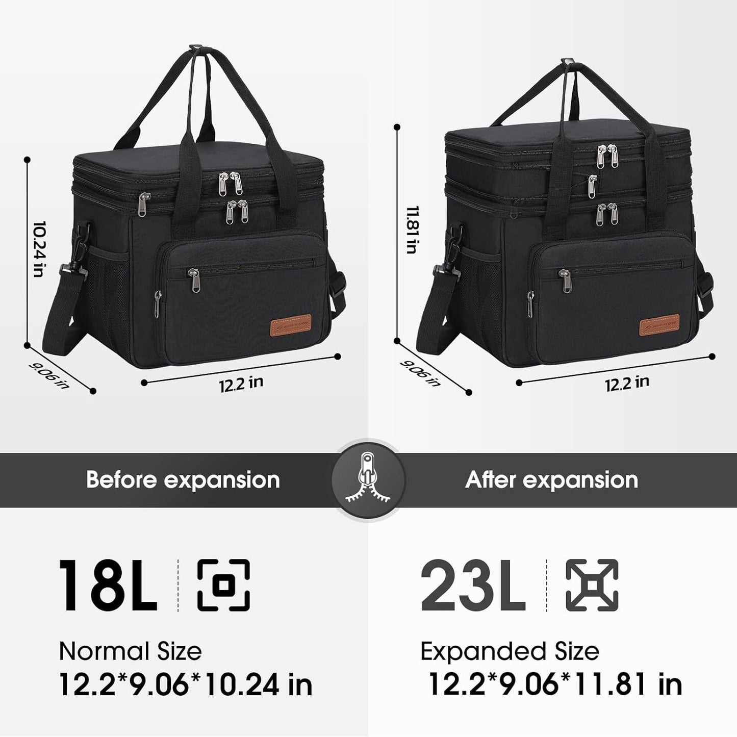 Maelstrom Lunch Box, 23L Insulated Lunch Bag, Expandable Double Deck Cooler Bag, Lightweight Leakproof Tote Bag With Side Tissue Pocket, Suit For Men and Women, Black
