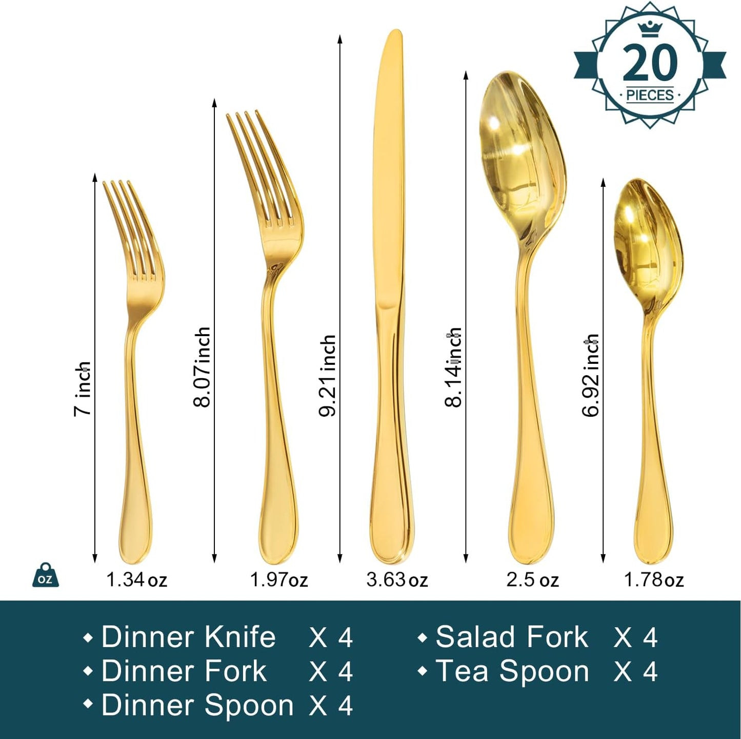 KINGSTONE 20 Piece Teardrop Silverware Set for 4, 18/10 Stainless Steel Flatware Set, Modern Design Cutlery Set for Home/Hotel/Wedding,Mirror Polished and Dishwasher Safe, Gold