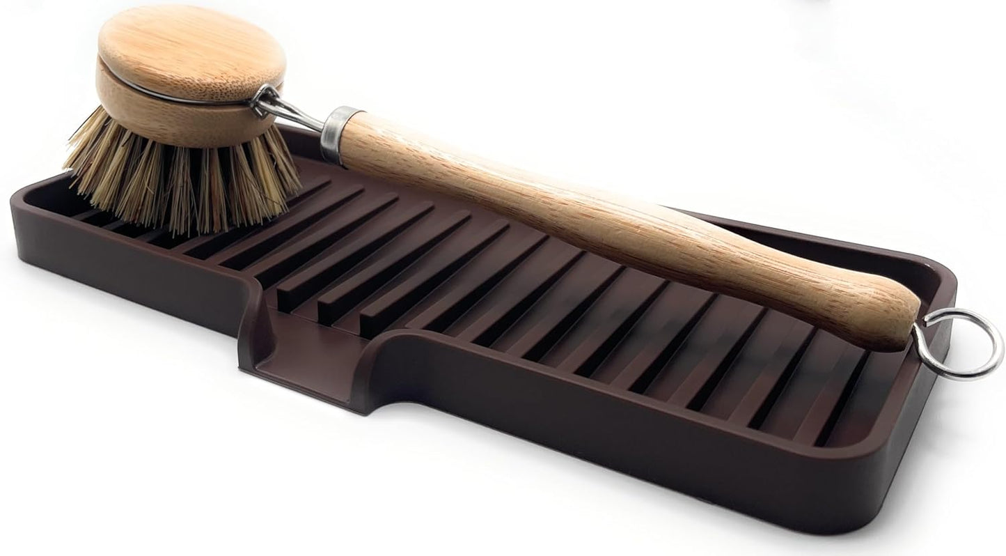 Happitasa Silicone Soap Dish Tray and Sponge Holder with Drain Chute | Bathroom and Kitchen Sink Organizer Caddy (Dark Chocolate, 9"x3.5", 5.6 Ounces)