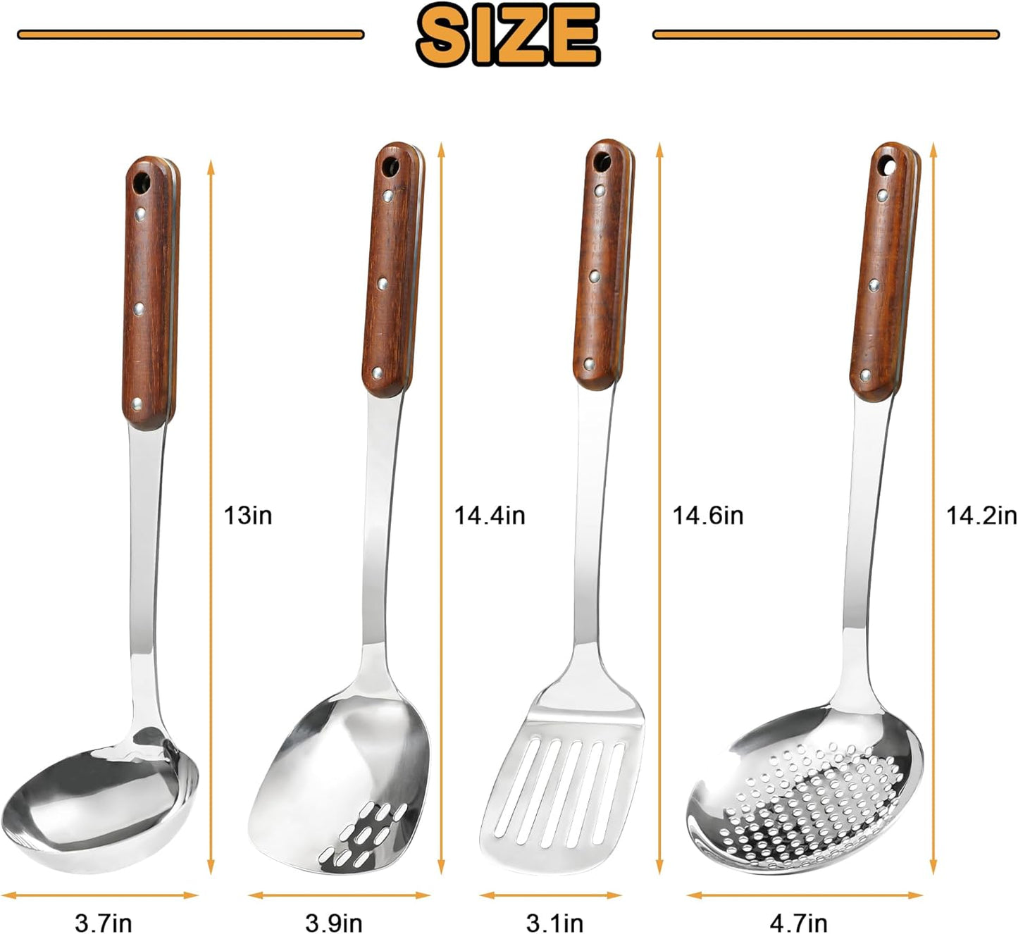 FJNATINH Stainless Steel Wok Spatula,Slotted Spatulas,Ladle,Skimmer Ladle Tool Set,Mirror Polished Cooking Utensils Kitchen Cookware, Pack of 4,Sliver