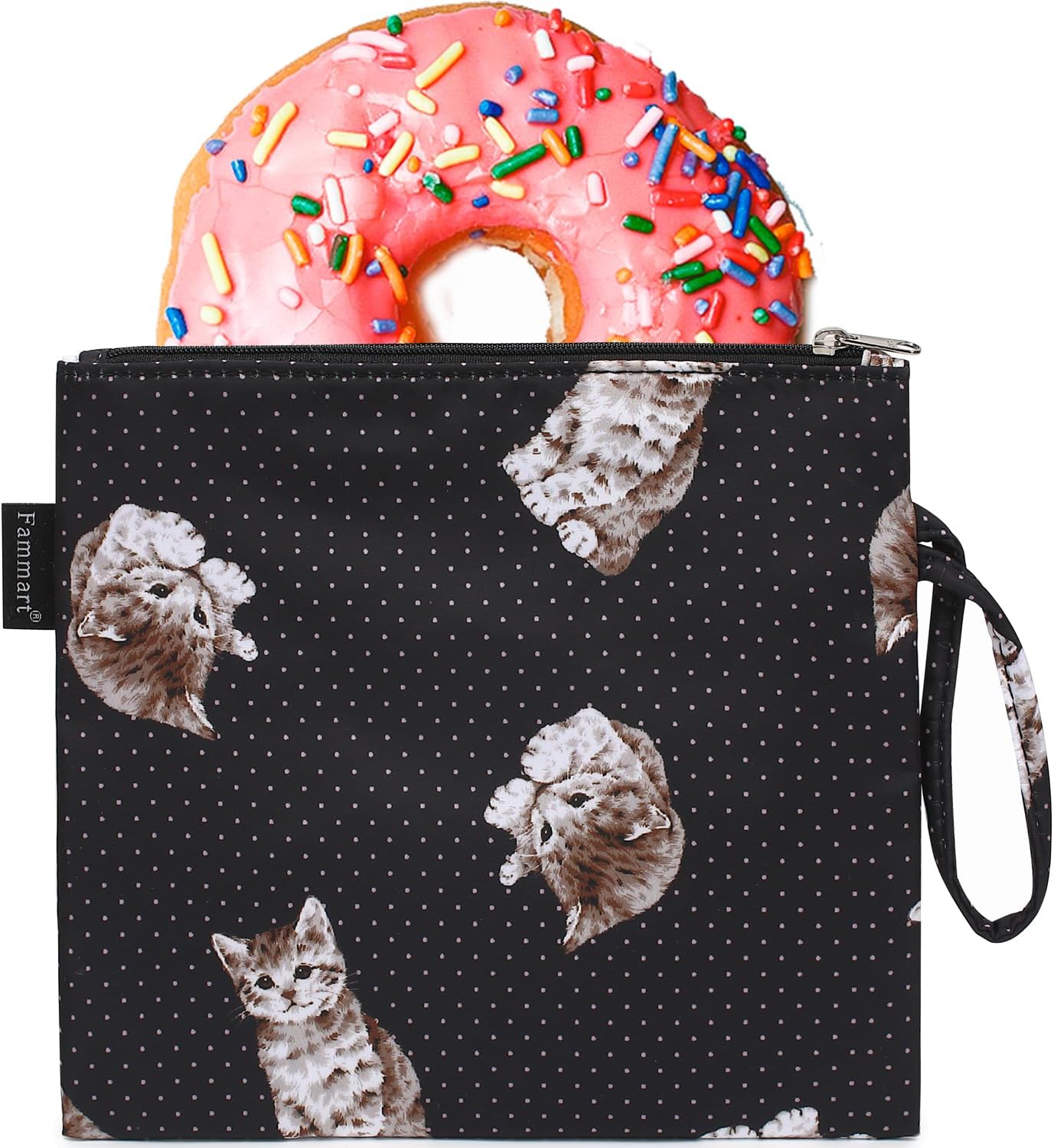 Reusable Sandwich Bag/Snack Bag for Kids & Adults, Dual Layer Lunch Bag with Handle, Washable, Food Safe, BPA Free (1-Pack, Dot&Cat)