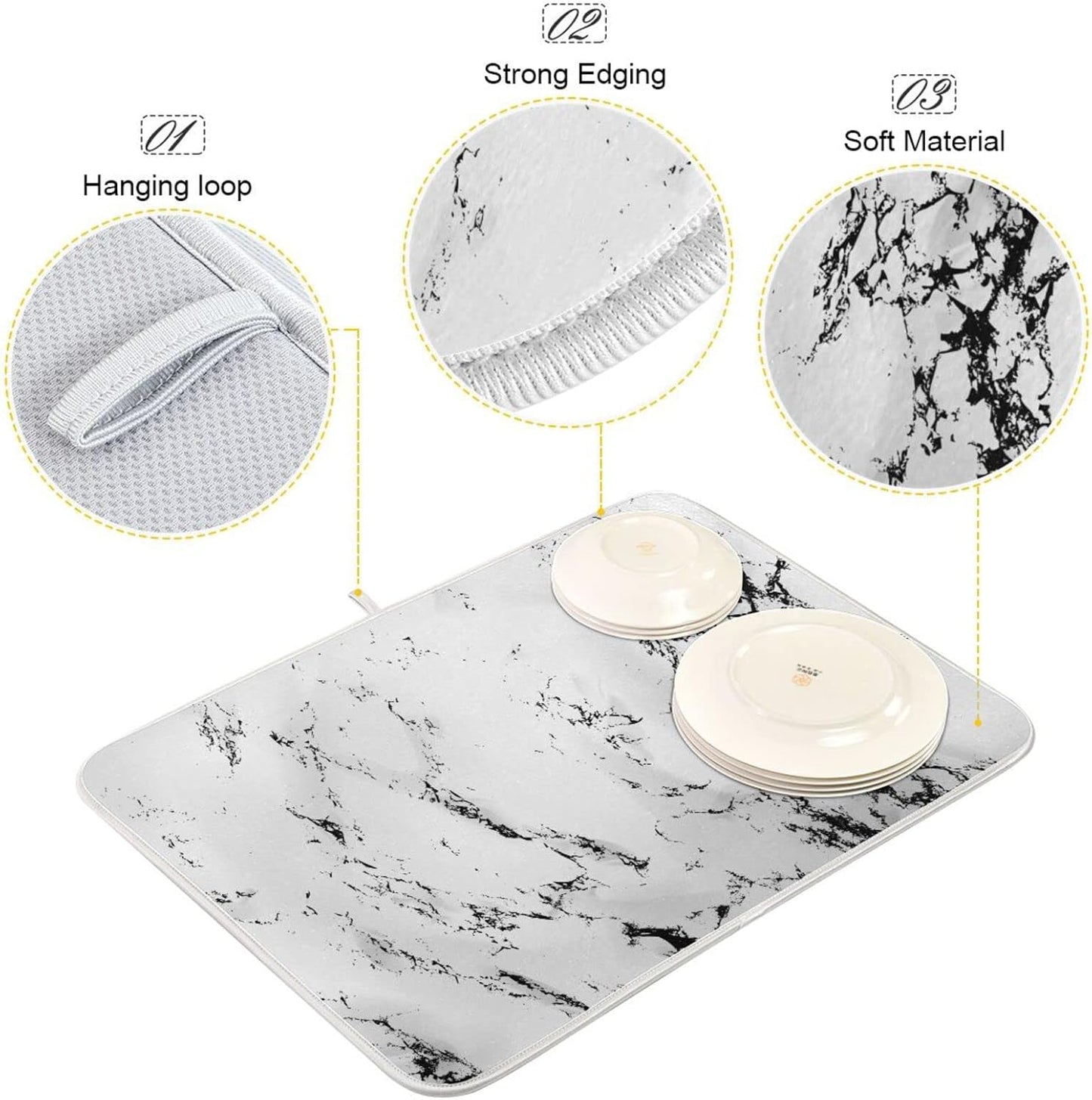 Super Absorbent Dish Drying Mat, Microfiber Fast-Drying Dish Mat, 16" x 18", Kitchen Dish Drying Pad, White Marble