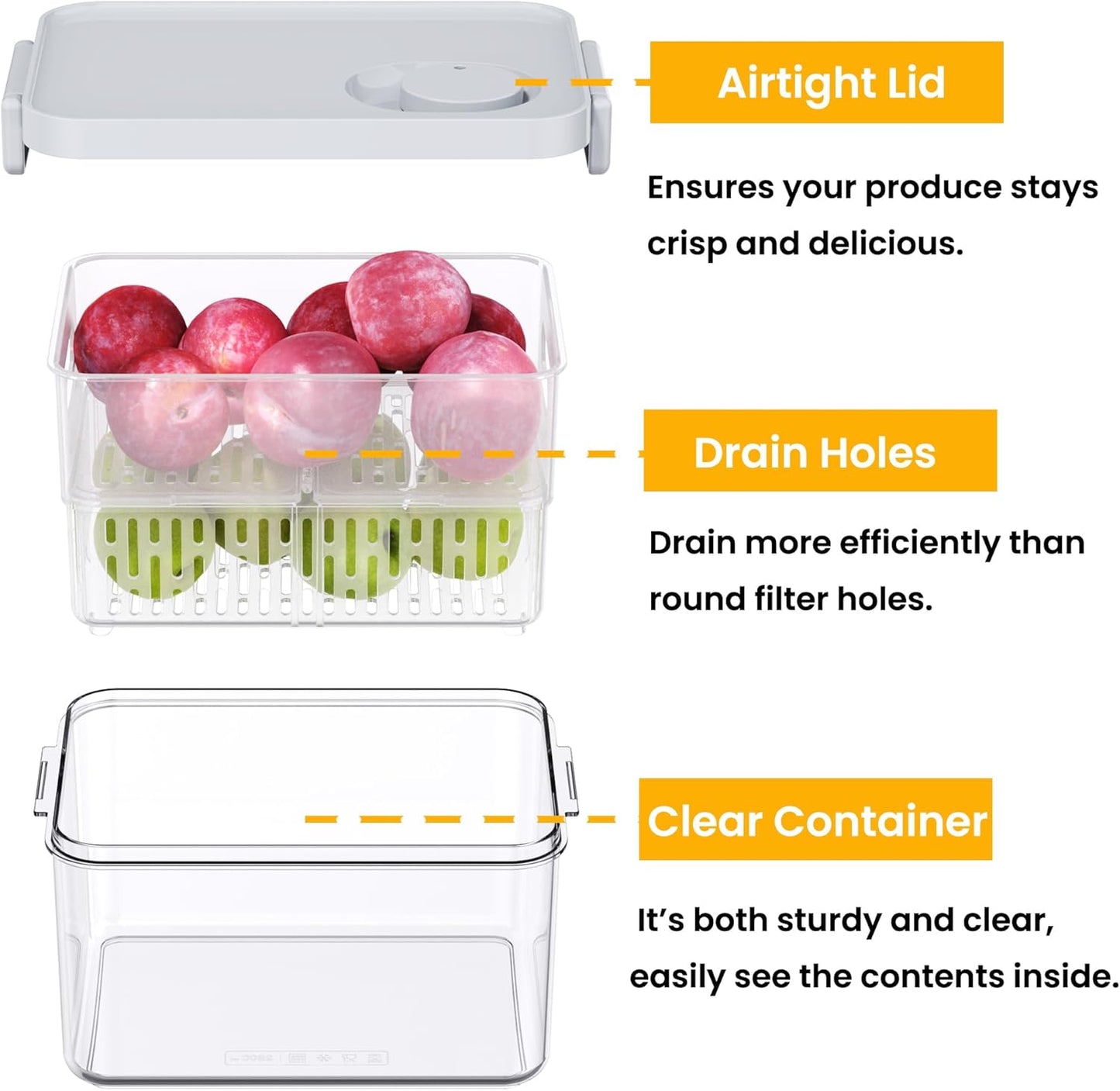 vacane Clear Fruit Containers for Fridge with Timing Knob, Produce Saver with Lids & Colanders, Dishwasher Safe Berry Containers, Keep Vegetable Food Fresh