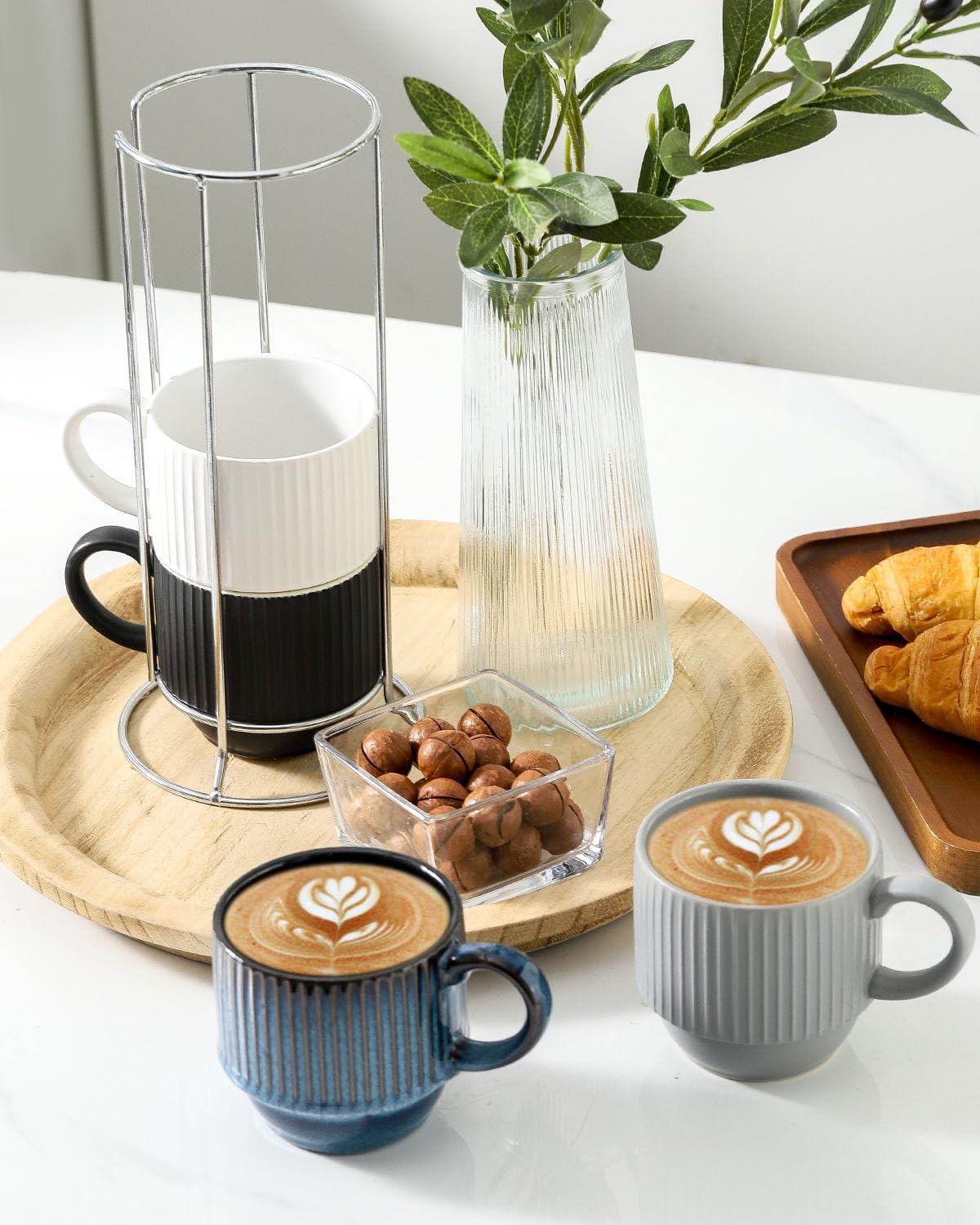 Hasense Ceramic Coffee Mug Set of 4 with Rack - 12 oz Stackable Coffee Cups Ceramic - Modern Ribbed Latte Cup Sets for Cappuccino, Tea, Hot Cocoa, Drinks - Wedding & Housewarming Gifts Multi Colors