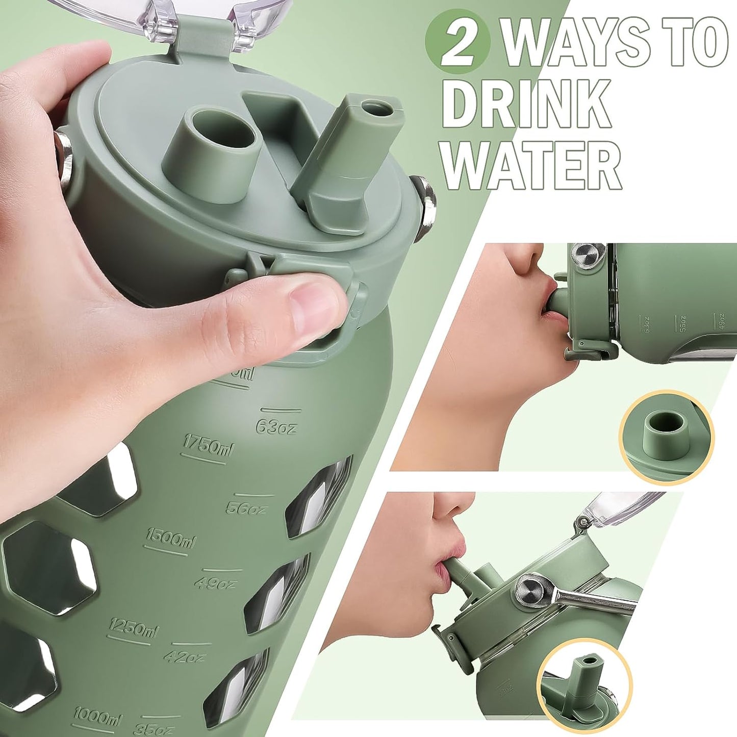 MUKOKO 64oz Glass Water Bottles with Straw and Lid,Half Gallon Water Bottle with Time Marker,Large Glass Water Jug with Silicone Sleeve and Stainless Steel Handle-Olive