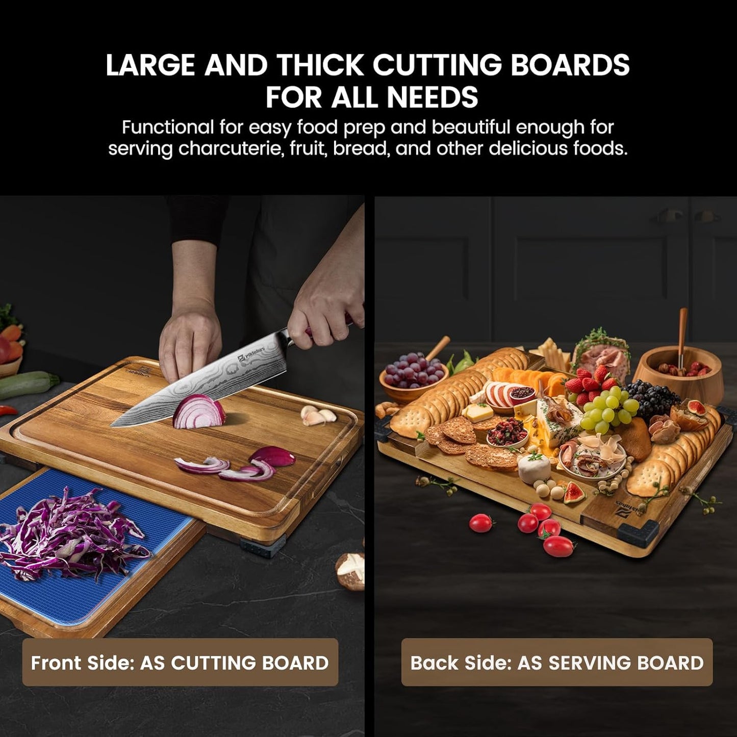 Cutting Boards Large Set of 7, Acacia Wood Charcuterie Chopping Board for Kitchen with Holder Non Slip Feet, Plastic Serving Board Mats, Juice Groove, Reversible Butcher Block for Meat Cheese Bread